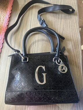 Guess Black Embossed Logo Satchel with Silver Hardware